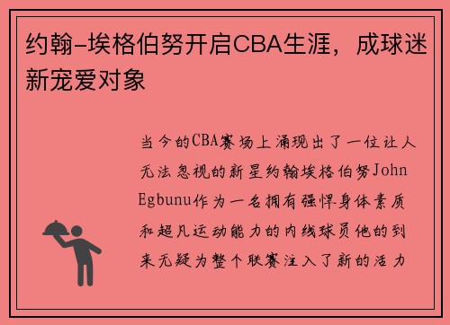 约翰-埃格伯努开启CBA生涯，成球迷新宠爱对象